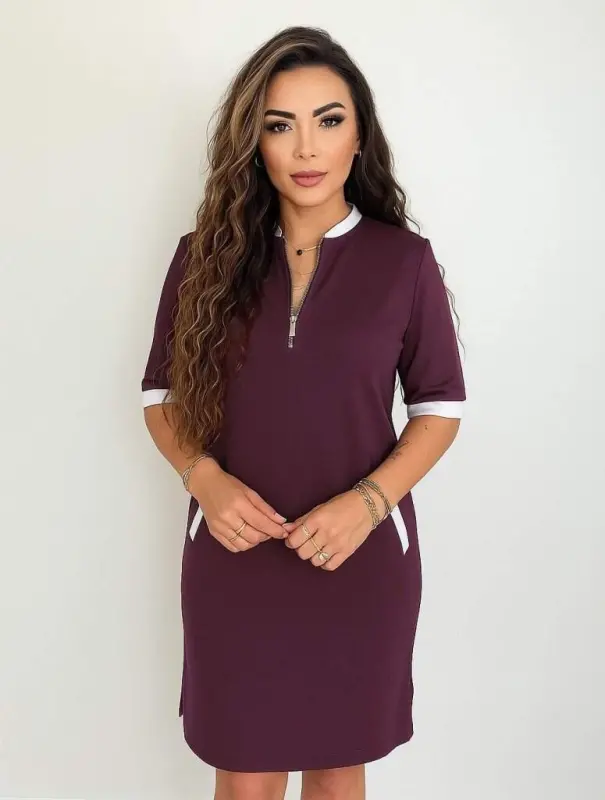 Women's Short Sleeve Zippered Neckline Pocketed Side Slit Viscose Dress - 2