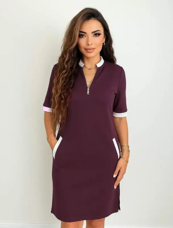 Women's Short Sleeve Zippered Neckline Pocketed Side Slit Viscose Dress - 3