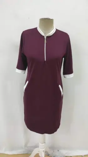 Women's Short Sleeve Zippered Neckline Pocketed Side Slit Viscose Dress - 4