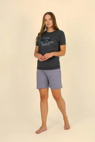 Women's Short-Sleeved Cotton Pajama Set with Shorts, Fumé 3622 - BÜYÜKBEDENIZ (1)