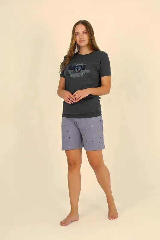 Women's Short-Sleeved Cotton Pajama Set with Shorts, Fumé 3622 - 2