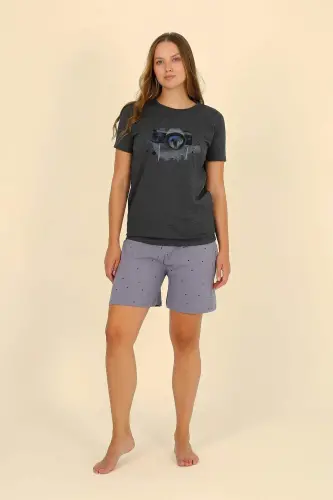 Women's Short-Sleeved Cotton Pajama Set with Shorts, Fumé 3622 - 3