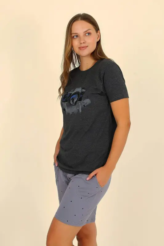 Women's Short-Sleeved Cotton Pajama Set with Shorts, Fumé 3622 - 5