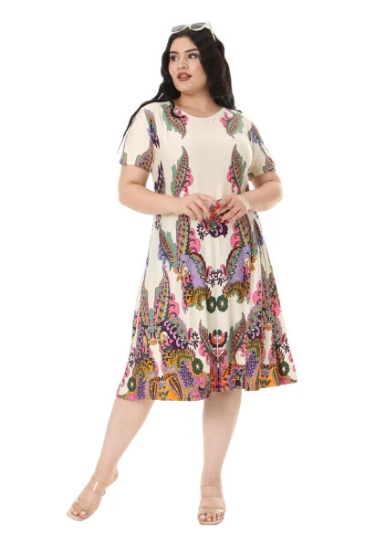 Women's short-sleeved, cream shawl patterned midi dress. - MELSAY