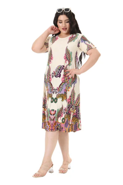 Women's short-sleeved, cream shawl patterned midi dress. - 3
