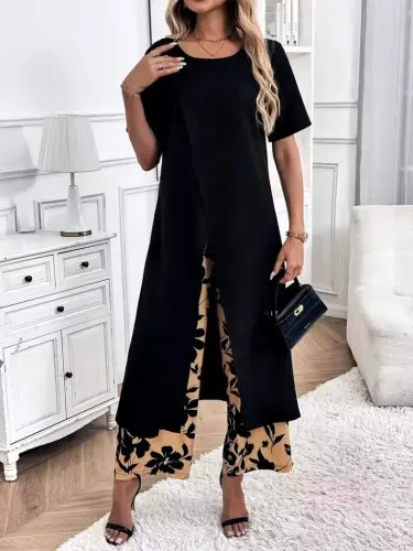 Women's Short Sleeved Front Cross Detailed Viscose Long Blouse And Patterned Two-Thread Trousers Two-Piece Set - 1