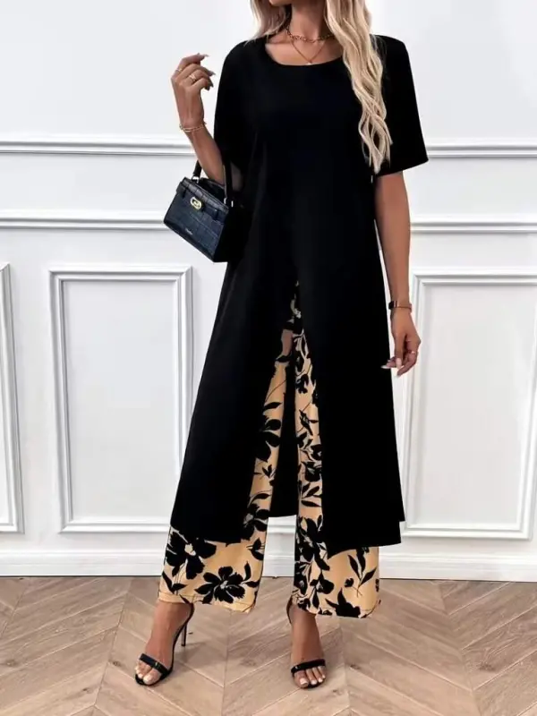 Women's Short Sleeved Front Cross Detailed Viscose Long Blouse And Patterned Two-Thread Trousers Two-Piece Set - 2