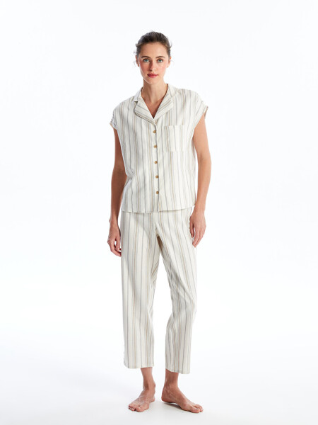 Women's Short-Sleeved Linen Blend Pajama Set with Shirt Collar Pattern - 10