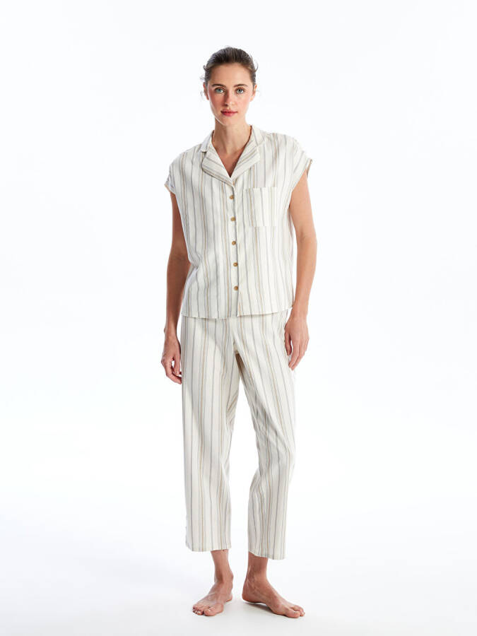 Women's Short-Sleeved Linen Blend Pajama Set with Shirt Collar Pattern - 1