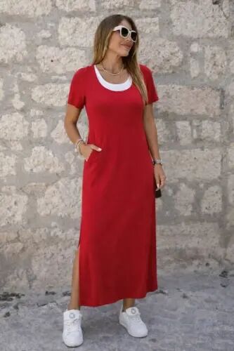 Women's Short Sleeved Tank Top Look Side Split Long Viscose Dress - 6