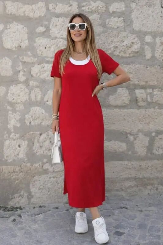 Women's Short Sleeved Tank Top Look Side Split Long Viscose Dress - 7