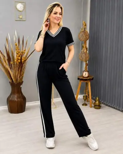 Women's Short Sleeved V-Neck Viscose Two-Thread Blouse And Trousers Two-Piece Set - 3