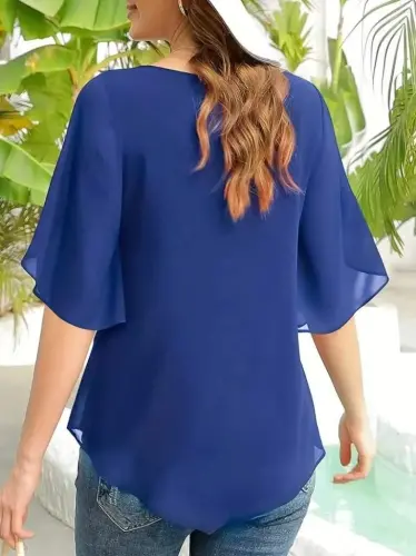 Women's Short Slit Sleeve Round Neck Chiffon Blouse - BÜYÜKBEDENIZ (1)