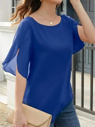 Women's Short Slit Sleeve Round Neck Chiffon Blouse - 3