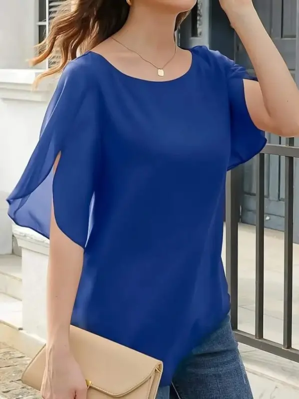 Women's Short Slit Sleeve Round Neck Chiffon Blouse - 3