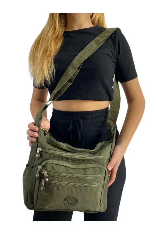 WOMEN'S Shoulder Bag 6 COMPARTMENTS KHAKI GREEN Cross Adjustable Strap Crinkle Fabric Messenger Shoulder Bag - Khaki - ESEL HOME