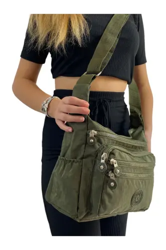 WOMEN'S Shoulder Bag 6 COMPARTMENTS KHAKI GREEN Cross Adjustable Strap Crinkle Fabric Messenger Shoulder Bag - Khaki - 3