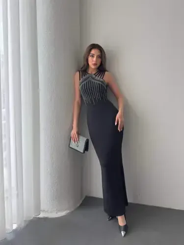 Women's Shoulder Multi Strap Stone Detailed Front Fishtail Janjan Crepe Maxi Dress - 1