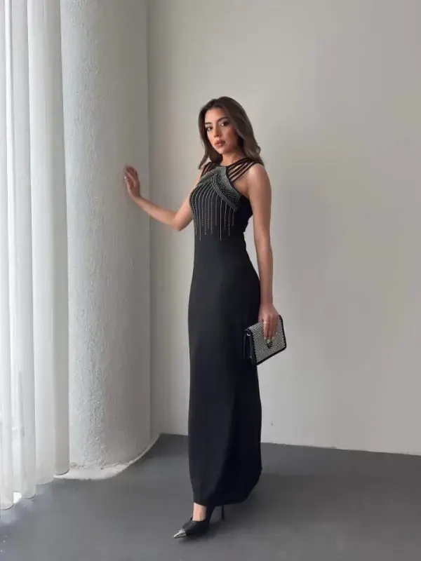 Women's Shoulder Multi Strap Stone Detailed Front Fishtail Janjan Crepe Maxi Dress - 2