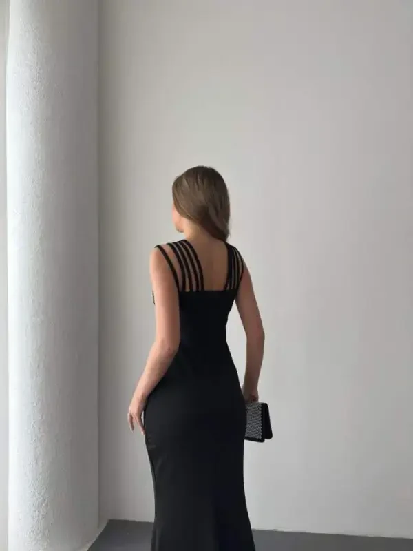 Women's Shoulder Multi Strap Stone Detailed Front Fishtail Janjan Crepe Maxi Dress - 3