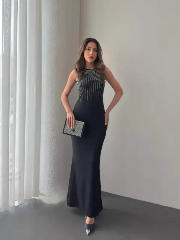 Women's Shoulder Multi Strap Stone Detailed Front Fishtail Janjan Crepe Maxi Dress - 4