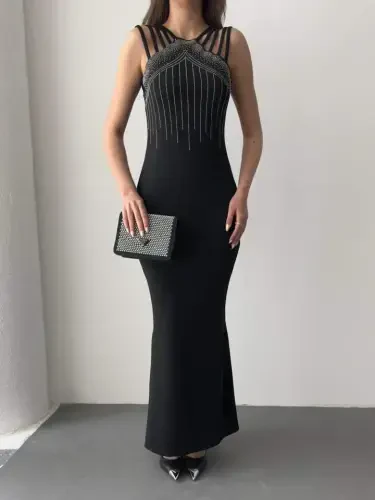 Women's Shoulder Multi Strap Stone Detailed Front Fishtail Janjan Crepe Maxi Dress - 6