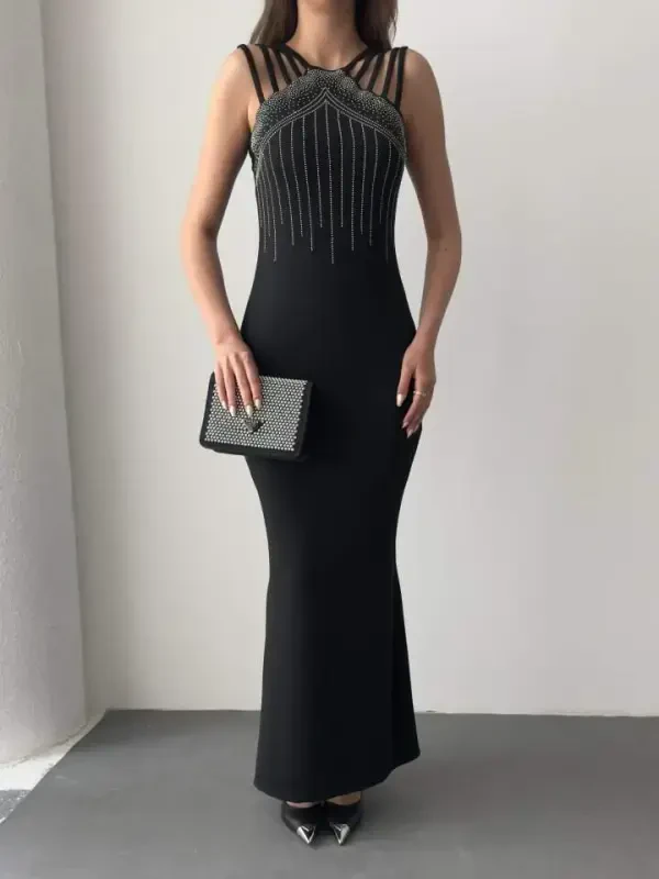 Women's Shoulder Multi Strap Stone Detailed Front Fishtail Janjan Crepe Maxi Dress - 6