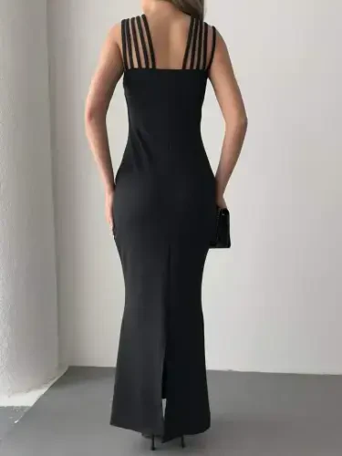 Women's Shoulder Multi Strap Stone Detailed Front Fishtail Janjan Crepe Maxi Dress - 7