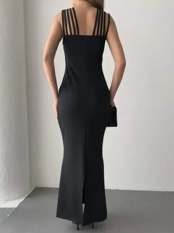 Women's Shoulder Multi Strap Stone Detailed Front Fishtail Janjan Crepe Maxi Dress - 7