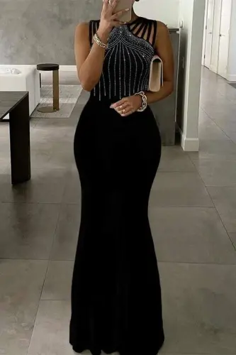 Women's Shoulder Multi Strap Stone Embroidered Front Fish Cut Shiny Crepe Maxi Dress - 3