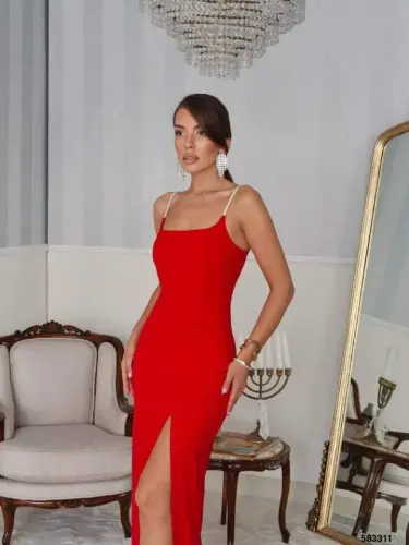 Women's Shoulder Strap Deep Slit Detail Maxi Dress - 3