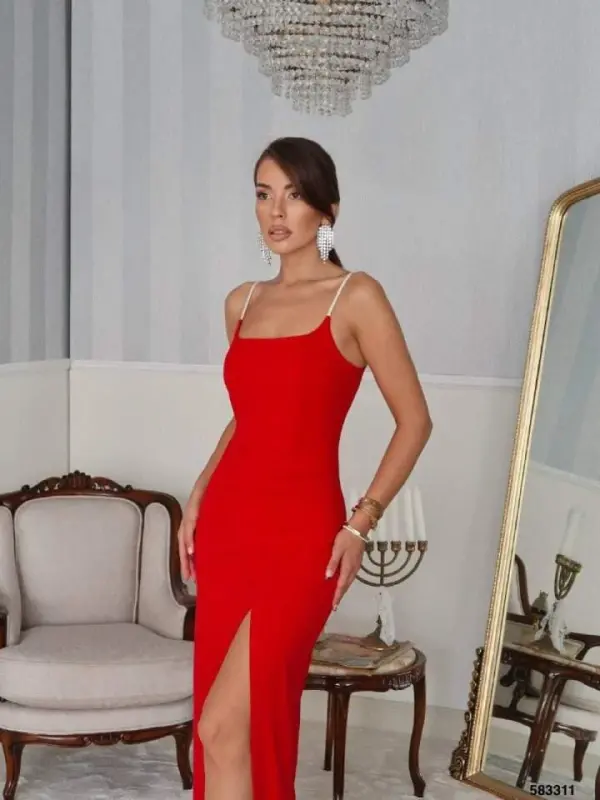 Women's Shoulder Strap Deep Slit Detail Maxi Dress - 3