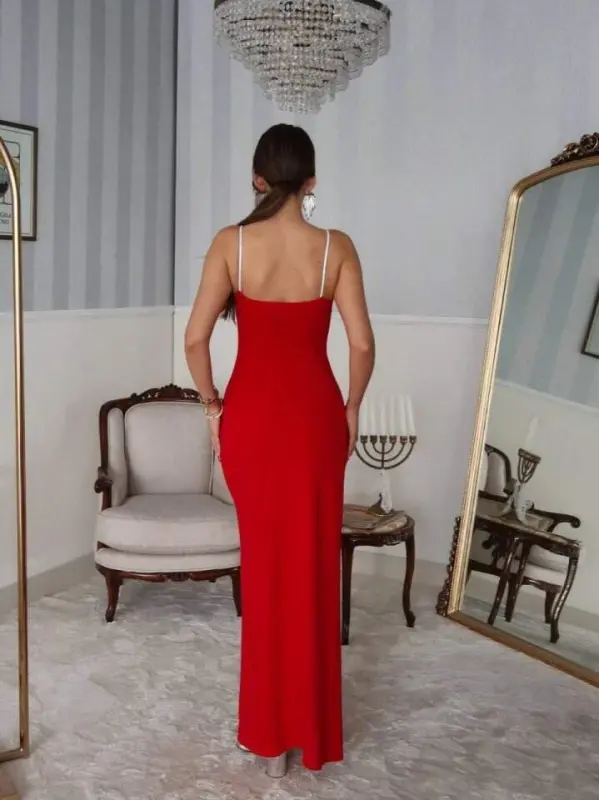 Women's Shoulder Strap Deep Slit Detail Maxi Dress - 7