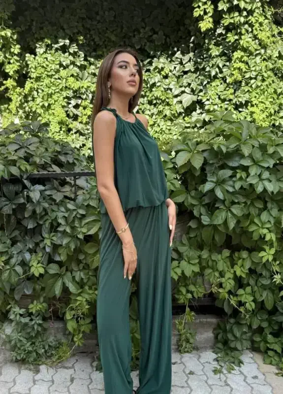 Women's Shoulder Strap Draped Detail Loose Sandy Fabric Jumpsuit - 4