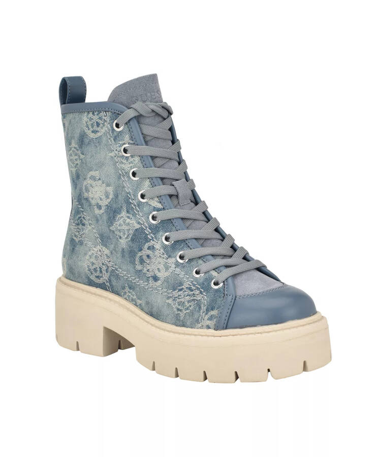 Women's Shutter Lace-Up Logo Pattern Combat Boots Blue Denim Logo - 1