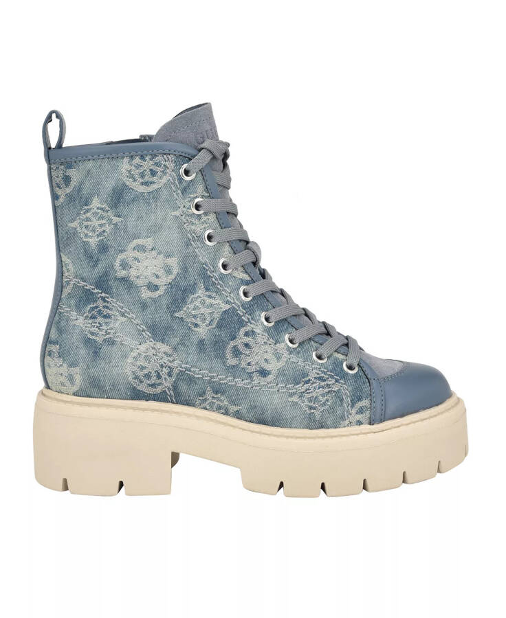 Women's Shutter Lace-Up Logo Pattern Combat Boots Blue Denim Logo - 2