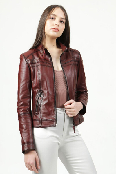 Women's Siena Slim Fit Genuine Leather Jacket Oak. Burgundy - 5