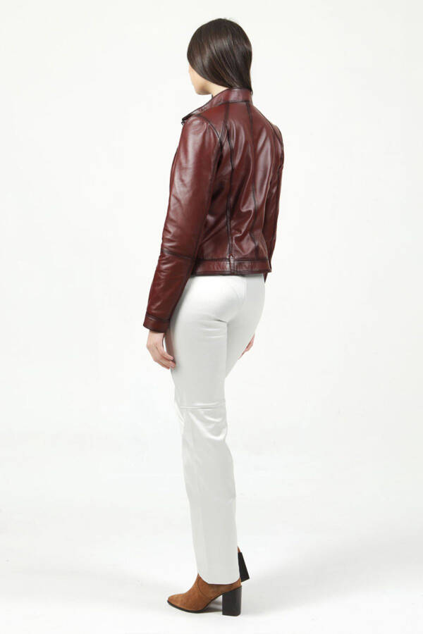 Women's Siena Slim Fit Genuine Leather Jacket Oak. Burgundy - 6