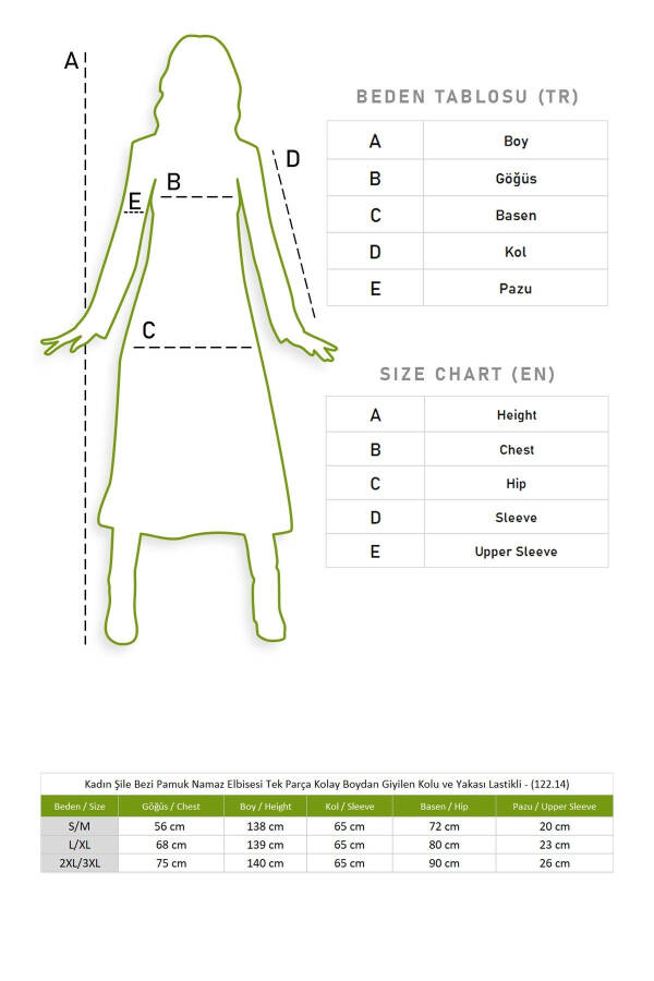 Women's Şile Bezi Cotton Prayer Dress One Piece Easy to Wear Full Body Arm and Collar Elastic Green Ys - 6