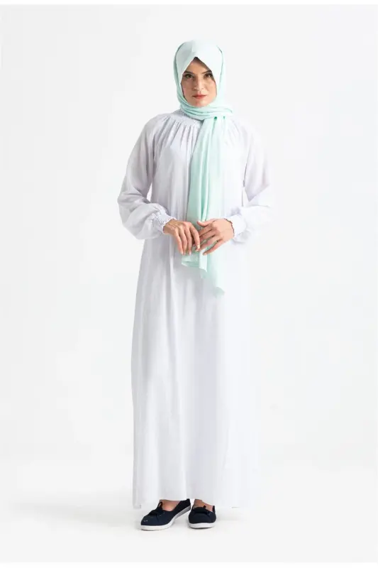 Women's Şile Cloth Cotton Prayer Dress One Piece Easy Full Length Dress with Elasticated Sleeves and Collar White By-Beyaz - 1