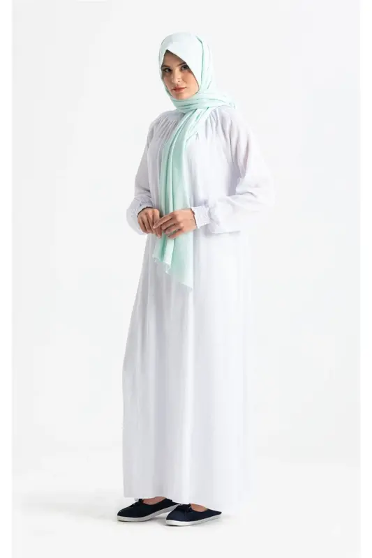 Women's Şile Cloth Cotton Prayer Dress One Piece Easy Full Length Dress with Elasticated Sleeves and Collar White By-Beyaz - 4