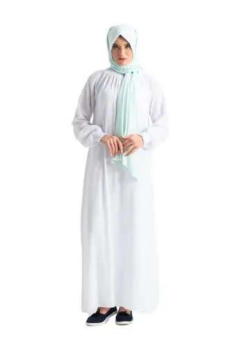 Women's Şile Cloth Cotton Prayer Dress One Piece Easy Full Length Dress with Elasticated Sleeves and Collar White By-Beyaz - 8