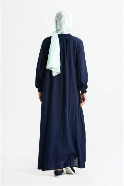 Women's Şile Cotton Prayer Dress One Piece Easy to Wear with Lacivert Elasticated Sleeves and Collar - ELIŞ ŞILE BEZI (1)