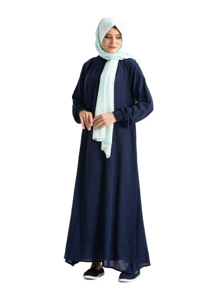 Women's Şile Cotton Prayer Dress One Piece Easy to Wear with Lacivert Elasticated Sleeves and Collar - 7
