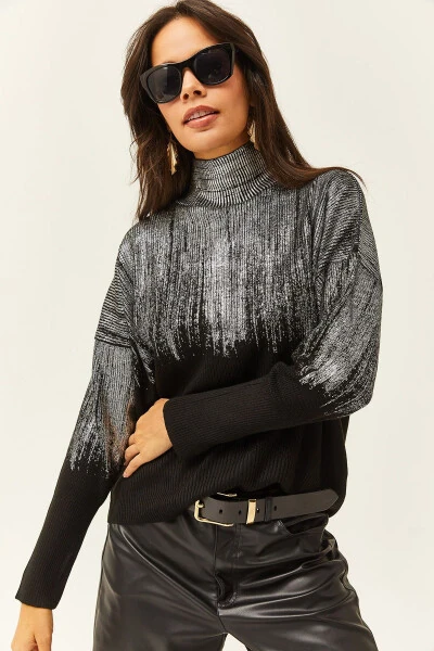 Women's Silver Half-Mock Neck Metallic Detail Knit Sweater KZK-19000726 - Olalook