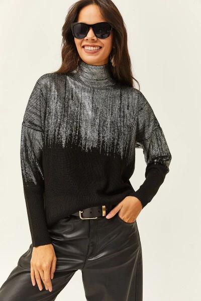 Women's Silver Half-Mock Neck Metallic Detail Knit Sweater KZK-19000726 - Olalook (1)