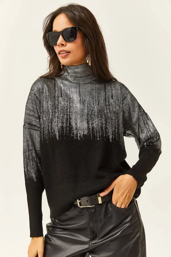 Women's Silver Half-Mock Neck Metallic Detail Knit Sweater KZK-19000726 - 5