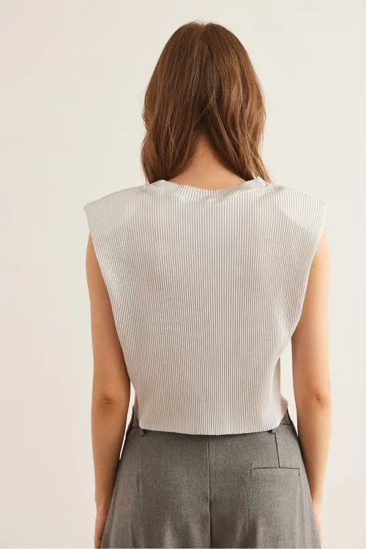 Women's Silver Padded Pleated Crop Blouse BLZ-19002890- - 9