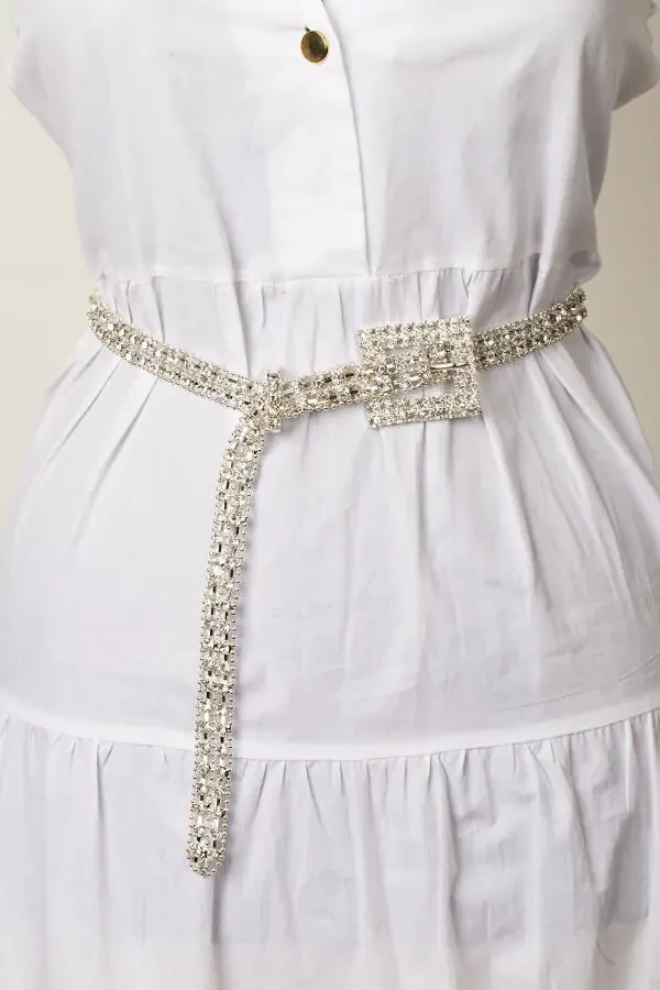 Women's Silver Soldered Diamond Stone Belt Elastic - 3