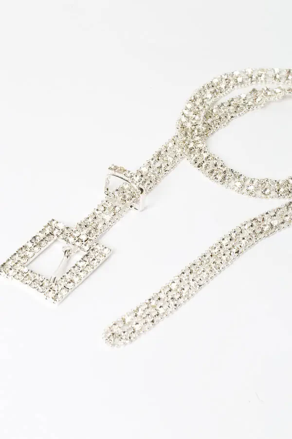 Women's Silver Soldered Diamond Stone Belt Elastic - 4